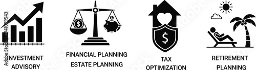 Four distinct financial planning icons represent investment advisory, estate planning balance, tax optimization protection, and retirement leisure for wealth management.