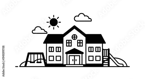 Large house with playground equipment outside.