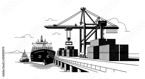 Large cargo ship at dockside terminal.