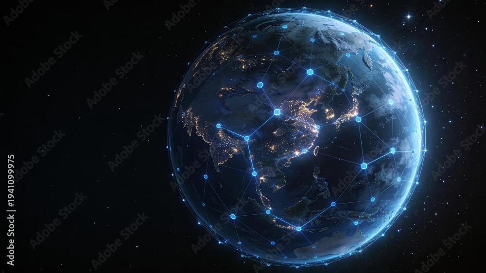 Fototapeta premium global digital network connection over planet earth at night from space