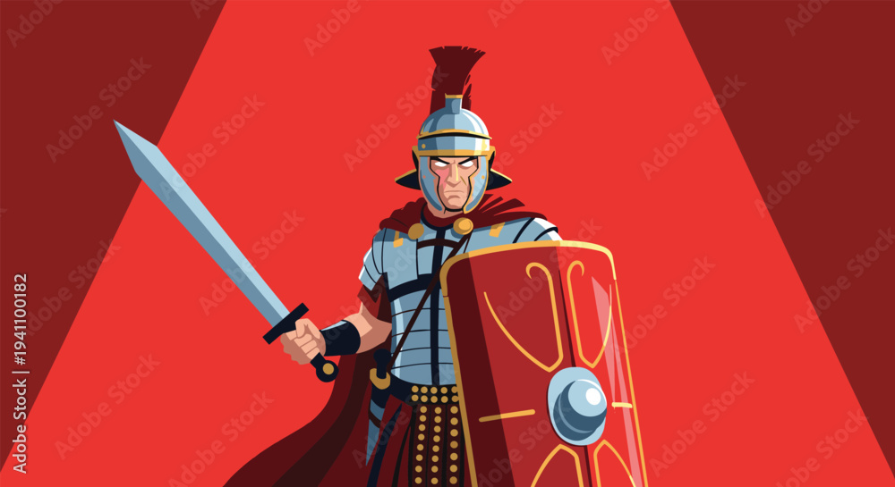 Obraz premium Brave Roman centurion soldier wearing a helmet and red cape stands ready for battle with a sharp sword and shield.