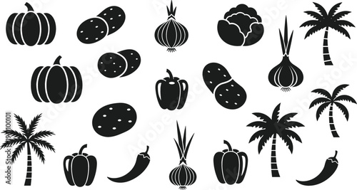 Vegetables and tropical plants silhouettes collection with pumpkin, pepper, onion, potato, chili and palm trees set for food, agriculture and nature design