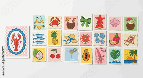 Summer Vacation Icons: Tropical Fruits, Beach, Seafood, and Beachwear Collection