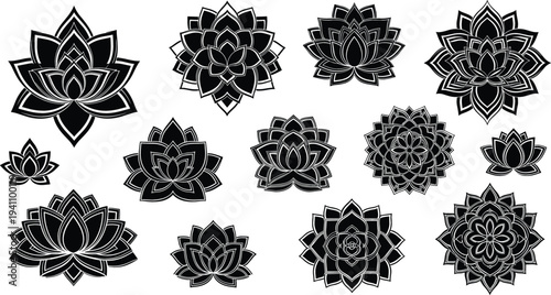 Lotus flower mandala collection with decorative floral ornaments and sacred geometry patterns set for yoga, meditation, tattoo and spiritual design