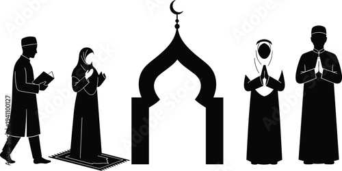 Muslim people praying set with mosque arch silhouette, Islamic prayer poses of men and women performing dua and salah, Ramadan and religious worship concept