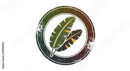 Tropical leaves emblem, grunge circle stamp, vintage botanical logo