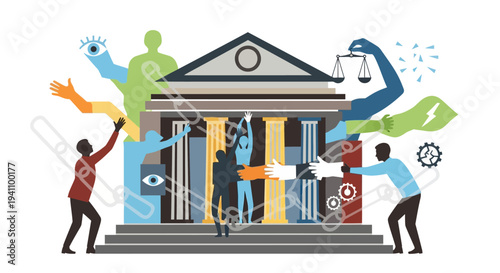 People standing in front building.