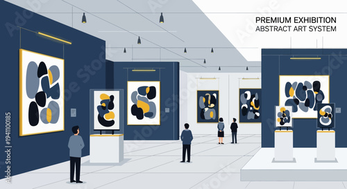 People viewing abstract art paintings.