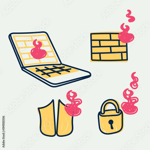 Hand-drawn doodle style  illustration of a firewall concept. A cute sketch icon representing network security, data protection, and cybersecurity defense against hackers or malware. Perfect for IT tec