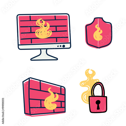 Hand-drawn doodle style  illustration of a firewall concept. A cute sketch icon representing network security, data protection, and cybersecurity defense against hackers or malware. Perfect for IT tec