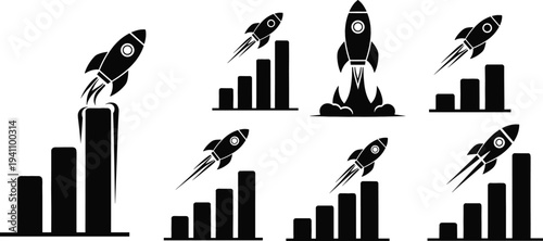 Startup growth rocket icons set with launching spaceship and rising bar charts, business success, innovation and financial growth concept vector illustration
