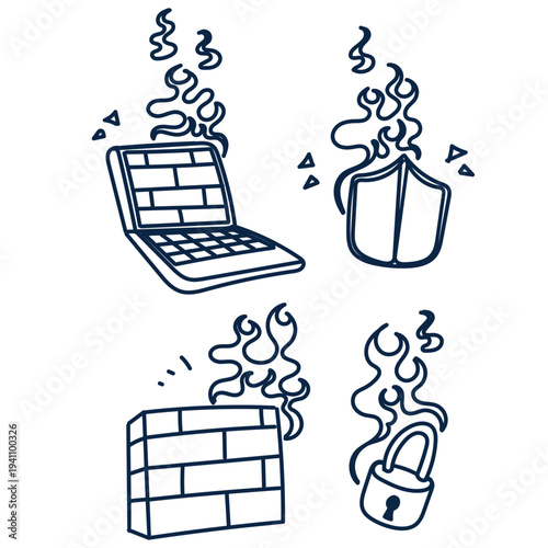 Hand-drawn doodle style  illustration of a firewall concept. A cute sketch icon representing network security, data protection, and cybersecurity defense against hackers or malware. Perfect for IT tec