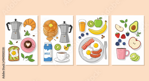 Vibrant Breakfast Spread: Coffee, Pancakes, Eggs, Fruit, Pastries, and Milk