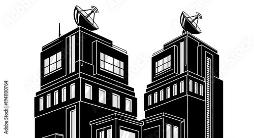 Two tall buildings with satellite dishes.