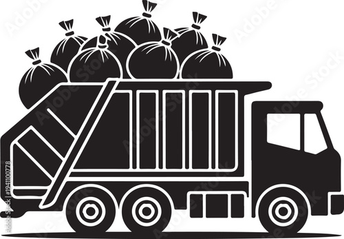 A black silhouette of a garbage truck overflowing with trash bags