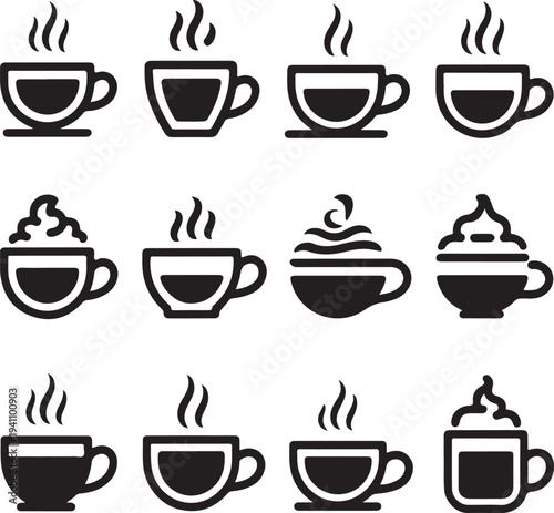 A collection of hot chocolate mug silhouette icon set. simple design black color and white background.