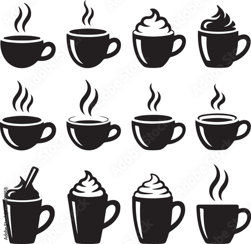 A collection of hot chocolate mug silhouette icon set. simple design black color and white background.