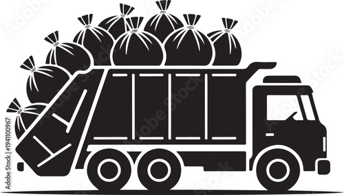 A black silhouette of a garbage truck overflowing with trash bags