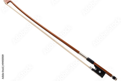 Violin bow on white background, isolated musical instrument, brown and white color