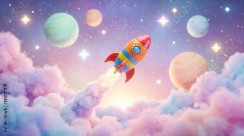 Colorful rocket soaring through pastel clouds and stars