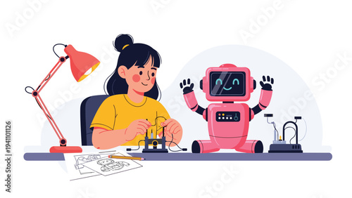 Creative young girl working on a school science project by building and wiring a friendly pink robot at her desk with various tools.