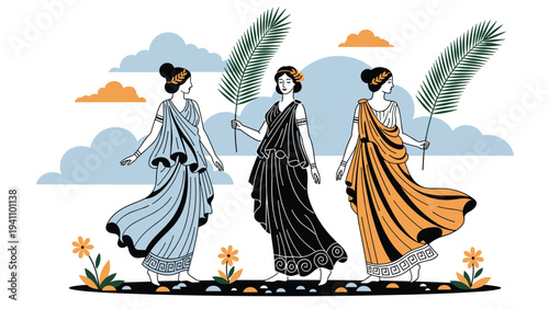 Three women dressed in traditional ancient Greek attire holding large palm branches against a background of clouds and a soft sunset.