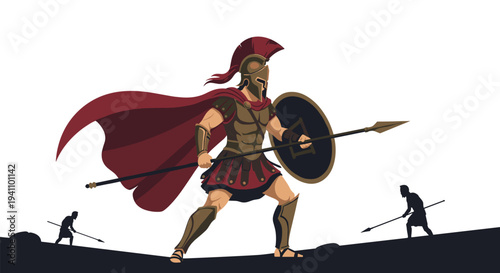 Fierce ancient Greek warrior with a bronze helmet and red cape holds a spear and shield on a rocky battlefield.