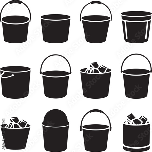 A collection of ice bucket silhouette icon set. simple design black color and white background.