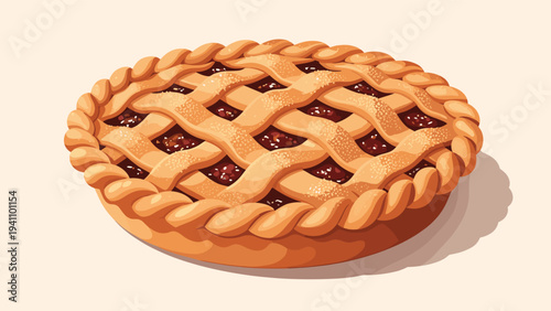 Delicious freshly baked lattice fruit pie with a golden brown crust and dark berry filling presented on a simple neutral background.