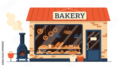 Charming exterior view of a local bakery shop with a warm brick wall, display window full of bread, and a traditional outdoor oven.