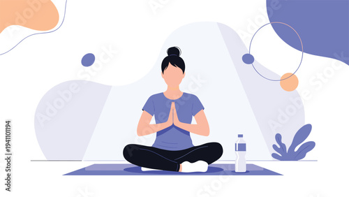 Calm woman practicing yoga in a seated meditation pose on a blue mat in a peaceful abstract setting with a water bottle by her side.