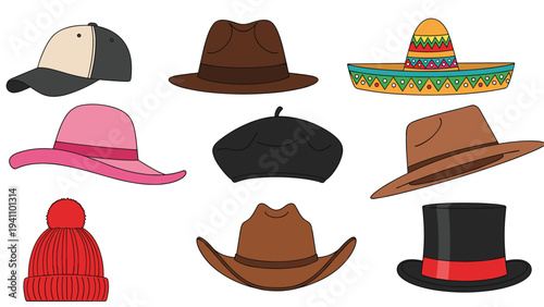 Collection of various hat styles including a baseball cap, fedora, sombrero, beret, beanie, and a classic black top hat.