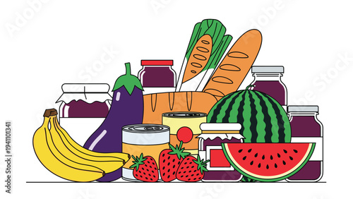 Vibrant still life illustration showcasing a variety of fresh produce including fruits, vegetables, bread, and preserves.