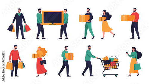 Group of diverse people carrying shopping bags, large boxes, and new electronics after visiting a retail store together.