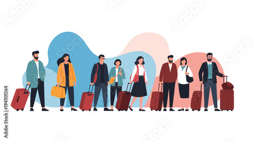 Group of travelers standing with their luggage and suitcases against a background of colorful abstract shapes and clouds.