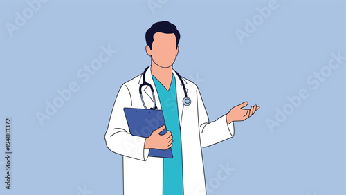 Professional male doctor in a white lab coat with a stethoscope holds a clipboard and gestures during a consultation.