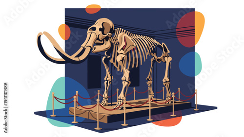 Majestic mammoth skeleton is displayed as a museum exhibit behind ropes with colorful abstract shapes in the background.