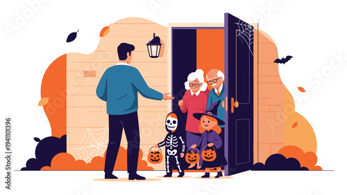 Excited children in Halloween costumes visit their grandparents for trick or treating at their front door in the evening.