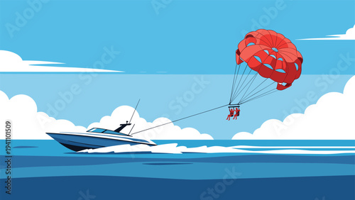 Thrilling scene of two people parasailing behind a fast speedboat over the deep blue ocean under a bright summer sky.