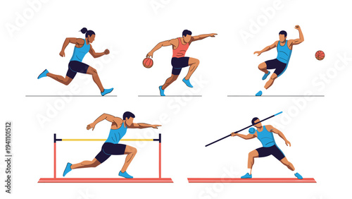 Athletes compete in various track and field sports including running, basketball, hurdles, and javelin throwing events.