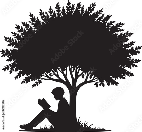 A person reading a book under the shade of a large tree silhouette vector