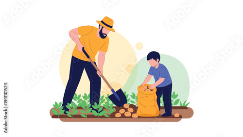 Farmer and a young boy work together in a field to harvest fresh potatoes and place them into a large burlap sack.