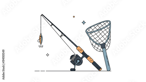 Essential fishing equipment including a rod with a reel and lure alongside a landing net on a plain white background.