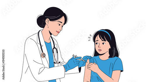 Professional female doctor in a white coat administers a vaccination to a young girl who looks slightly apprehensive.