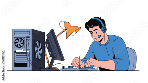 Skilled computer technician wearing a headset works on a motherboard at a desk with a PC tower and a bright desk lamp.