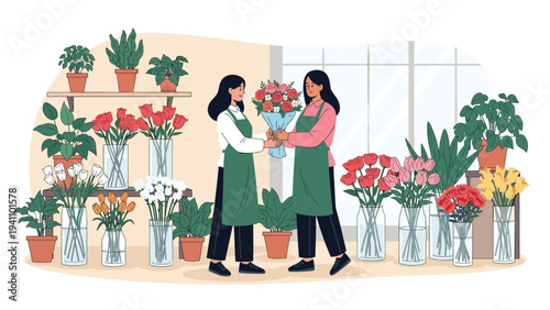 Pair of friendly florists in green aprons arrange and exchange a colorful flower bouquet in a well stocked flower shop.