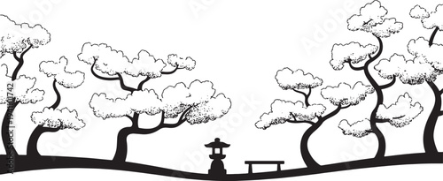 Japanese garden landscape silhouette with bonsai trees stone lantern and wooden bench illustration