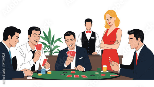 Professional gamblers in suits playing a card game at a green poker table with a dealer and a woman in a red dress watching.