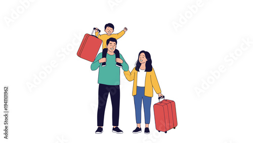 Happy young family with a child on father shoulders carrying red suitcases while ready for a new travel adventure together.