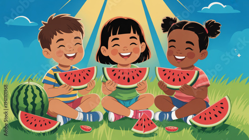 Three happy children eating watermelon slices outdoors in a sunny summer scene with a tent